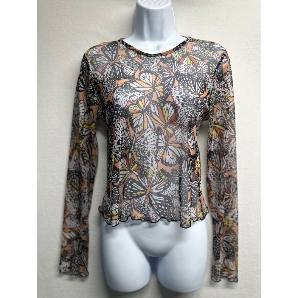 Originality Butterfly Mesh Top Women L Brown Sheer Lettuce Edge Fairy Whimsical